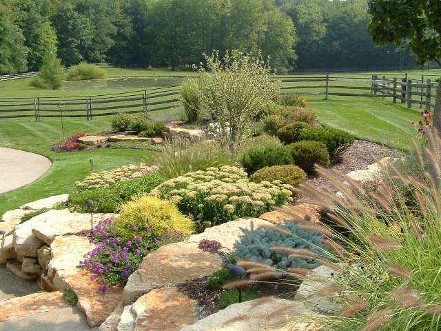Softscape design by Landscape Architect featuring natural stone with trees and shrubs filling the beds.
